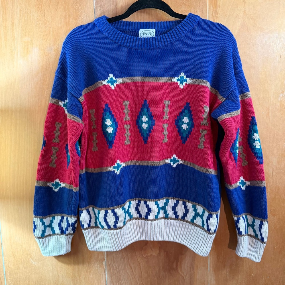 Vintage Izod Geometric Southwestern Chunky Knit Cotton Sweater Blue Red Large